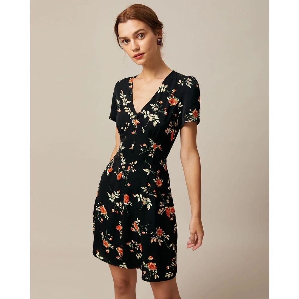 Rihoas Black Black Floral Button Down Mini Dress XL NWT
